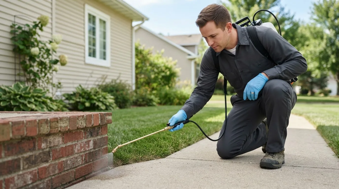 Pest control technician treating a home near Orleans, NE